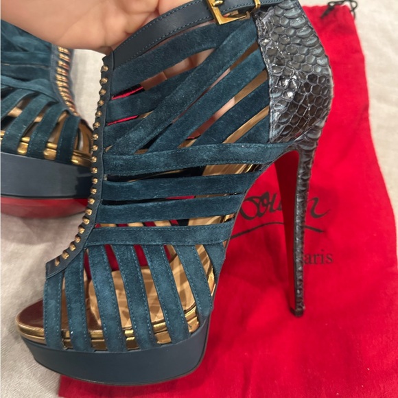 Christian Louboutin Blue and Gold Heels with Strappy Design - Picture 5 of 8